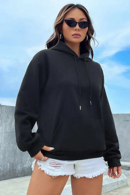 Solid Color Casual Pocket Hoodie Black / S