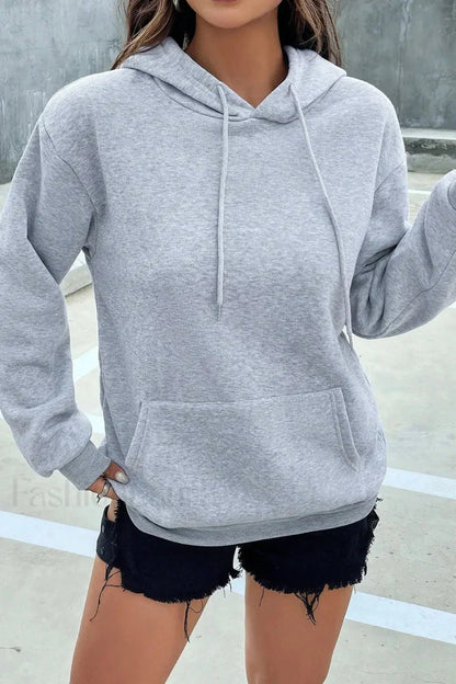 Solid Color Casual Pocket Hoodie Grey / S