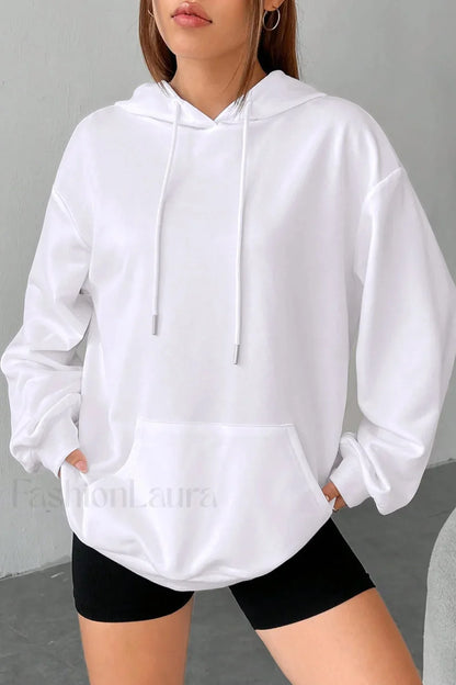 Solid Color Casual Pocket Hoodie White / S