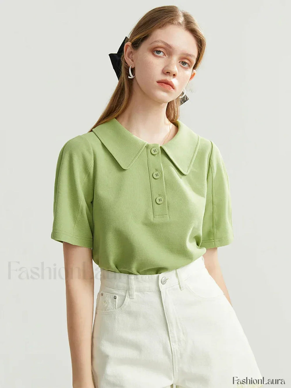Solid Color Cotton Polo Collar T Shirt Green / S