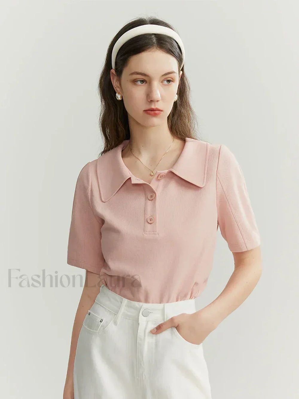 Solid Color Cotton Polo Collar T Shirt Pink / S