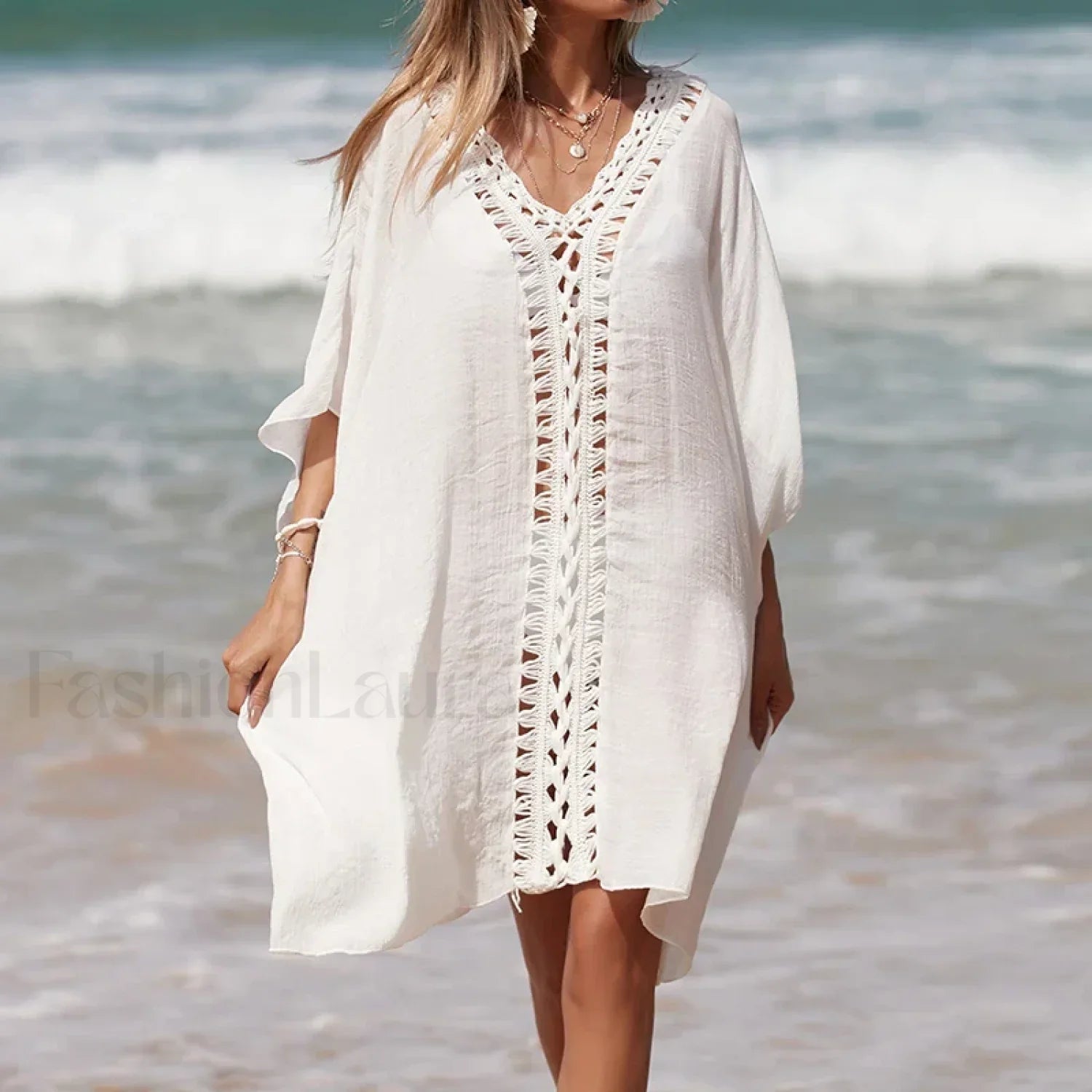 Solid Color Crochet Cutout Loose Cover Up
