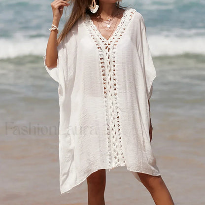 Solid Color Crochet Cutout Loose Cover Up