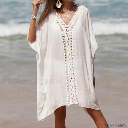 Solid Color Crochet Cutout Loose Cover Up