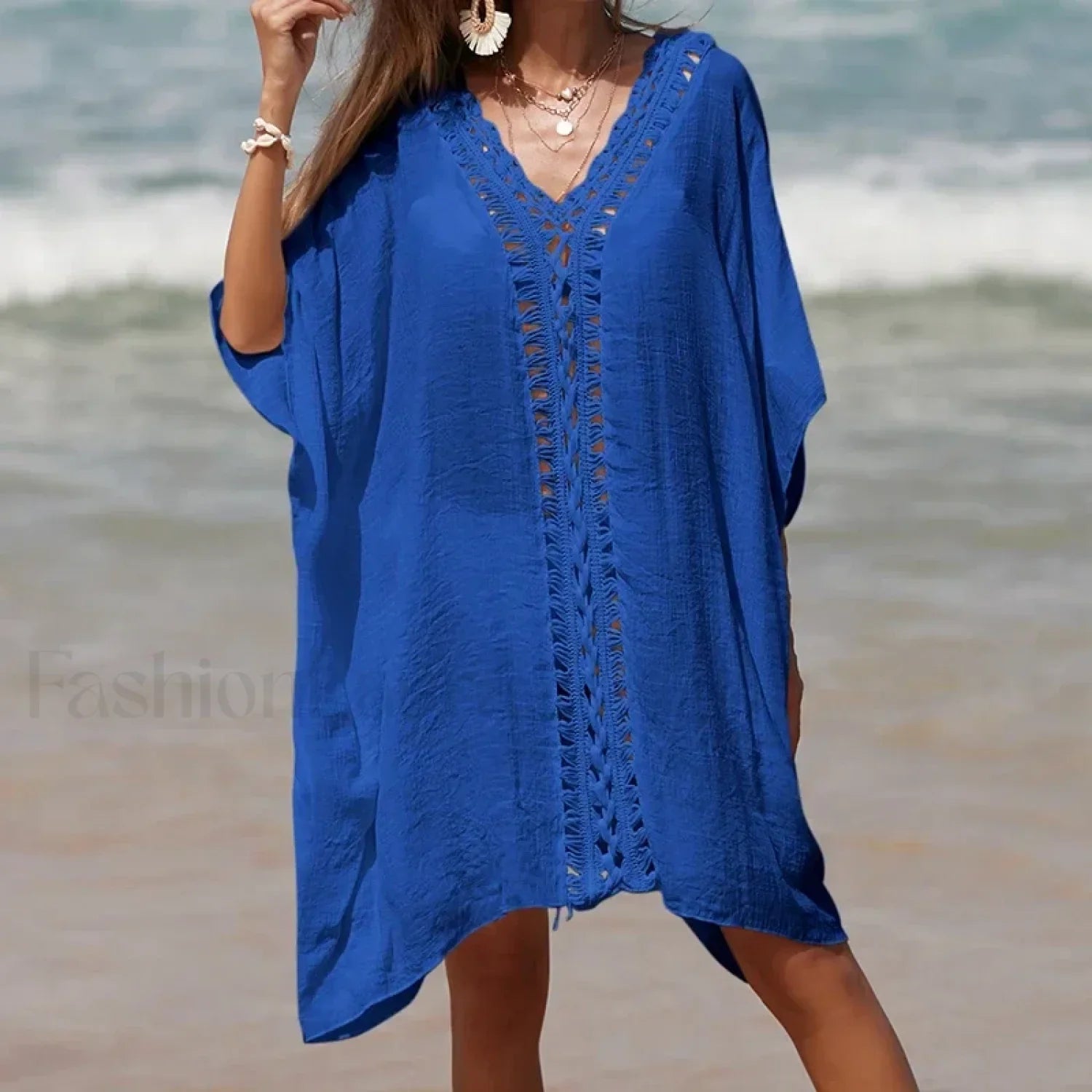 Solid Color Crochet Cutout Loose Cover Up Blue / One Size