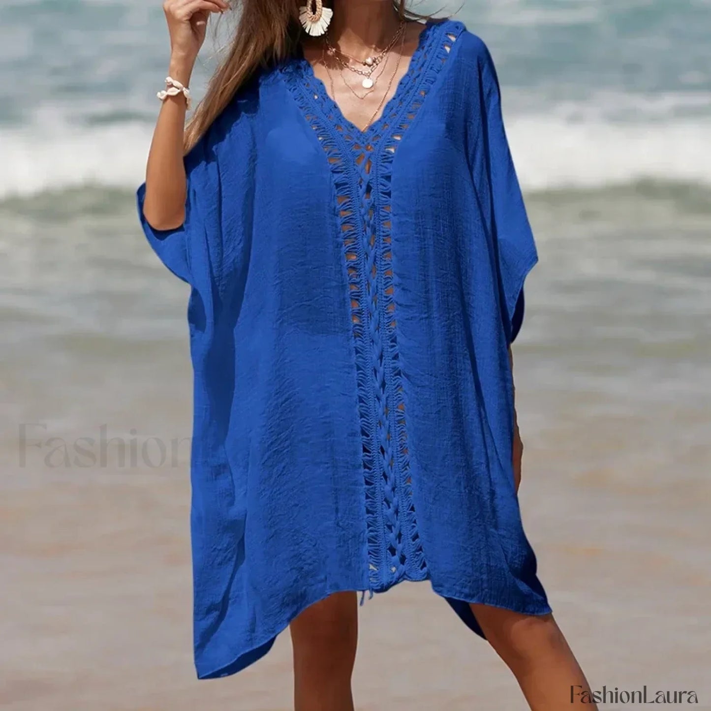 Solid Color Crochet Cutout Loose Cover Up Blue / One Size