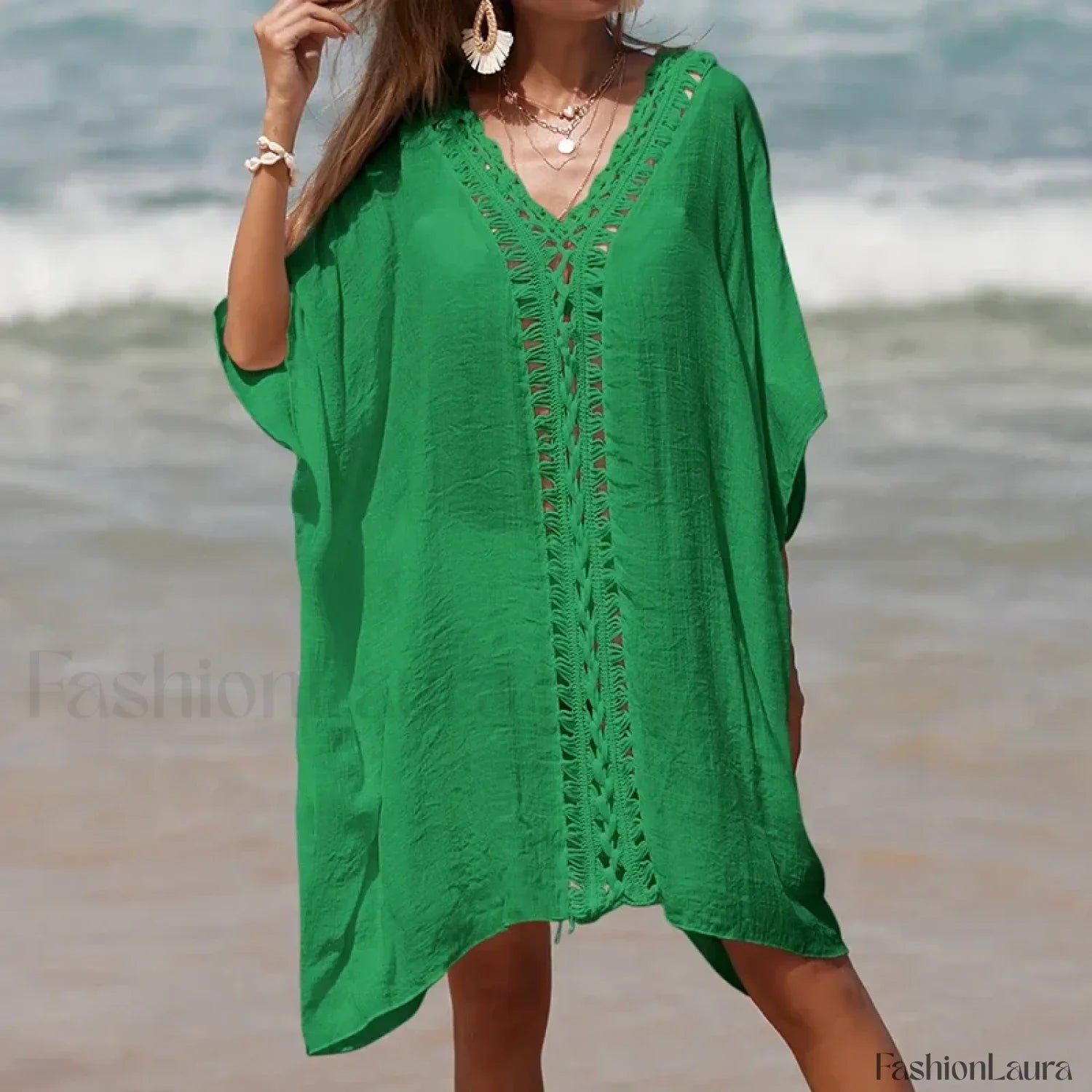 Solid Color Crochet Cutout Loose Cover Up Green / One Size