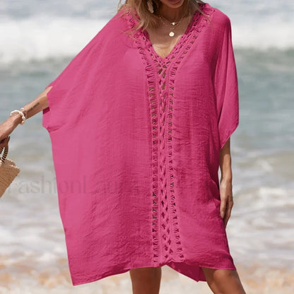 Solid Color Crochet Cutout Loose Cover Up Rose Red / One Size