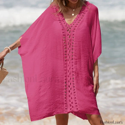 Solid Color Crochet Cutout Loose Cover Up Rose Red / One Size