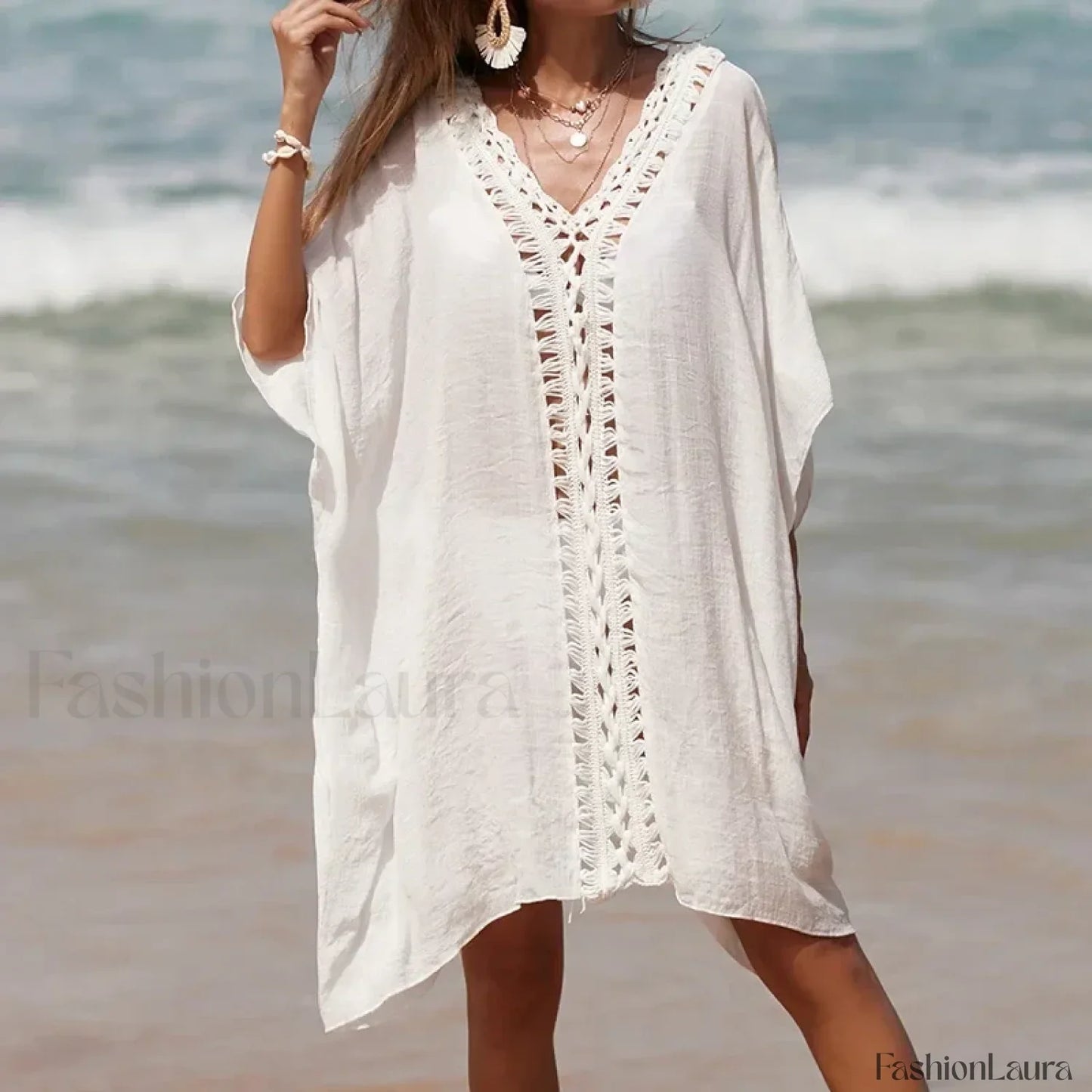 Solid Color Crochet Cutout Loose Cover Up WHITE / One Size