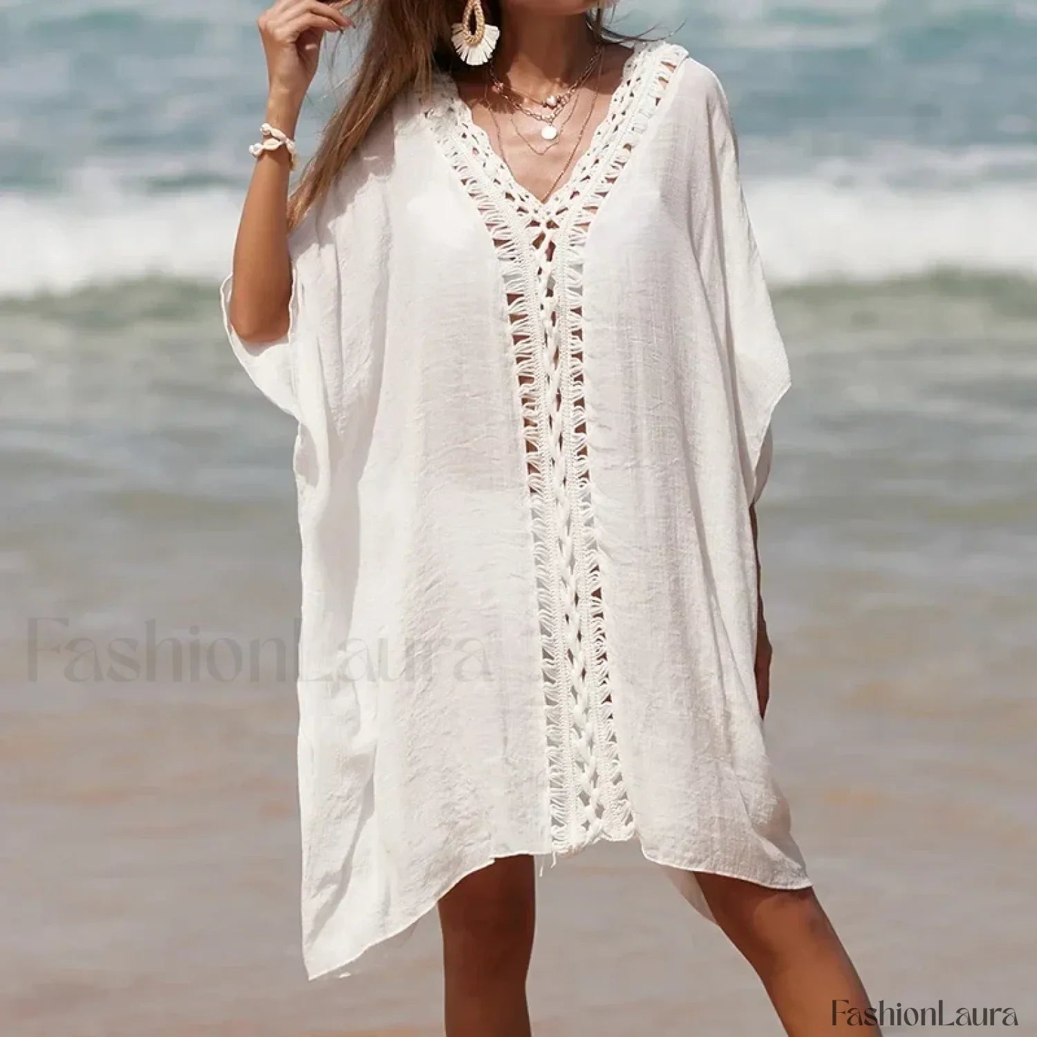 Solid Color Crochet Cutout Loose Cover Up WHITE / One Size