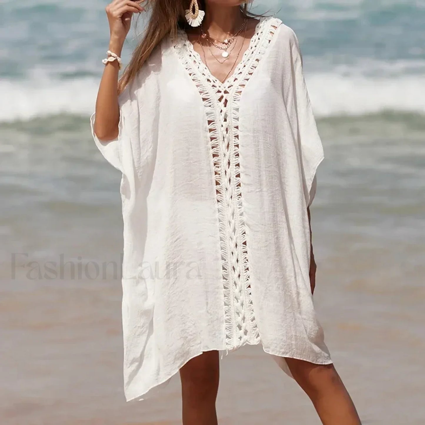 Solid Color Crochet Cutout Loose Cover Up WHITE / One Size
