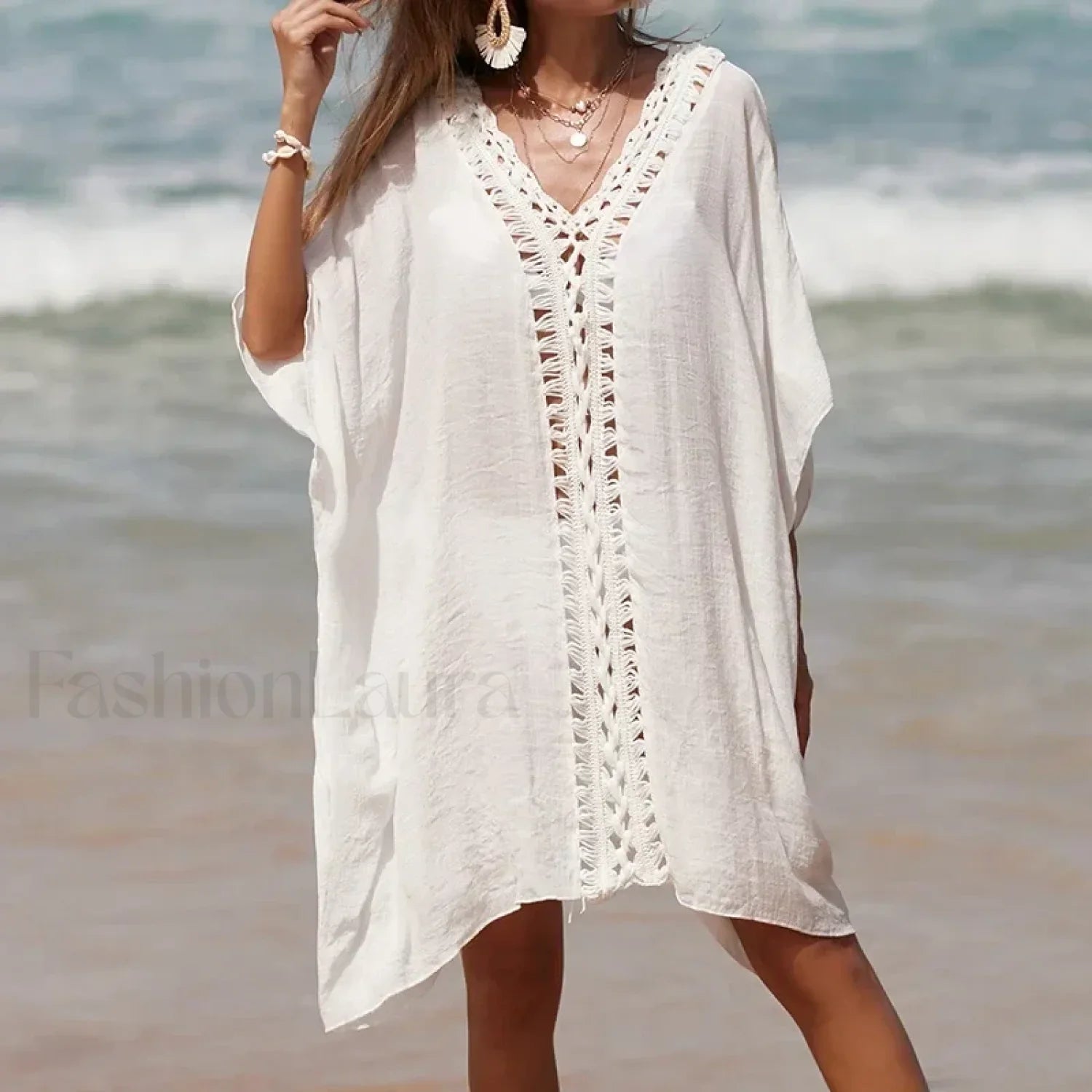 Solid Color Crochet Cutout Loose Cover Up WHITE / One Size