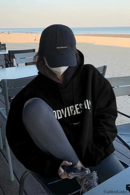 Solid Color Letter Hooded Hoodie Black / M