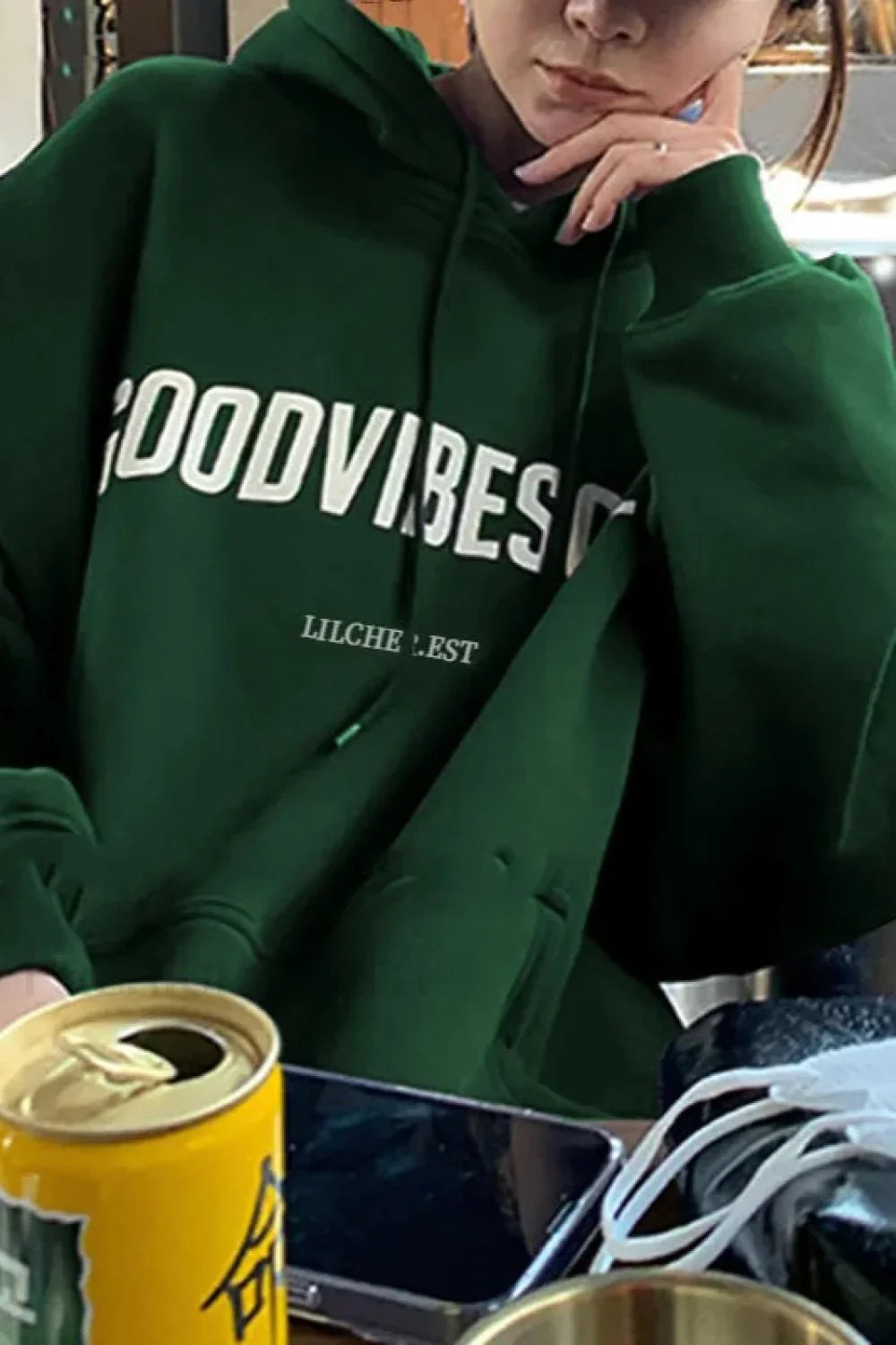 Solid Color Letter Hooded Hoodie Green / M