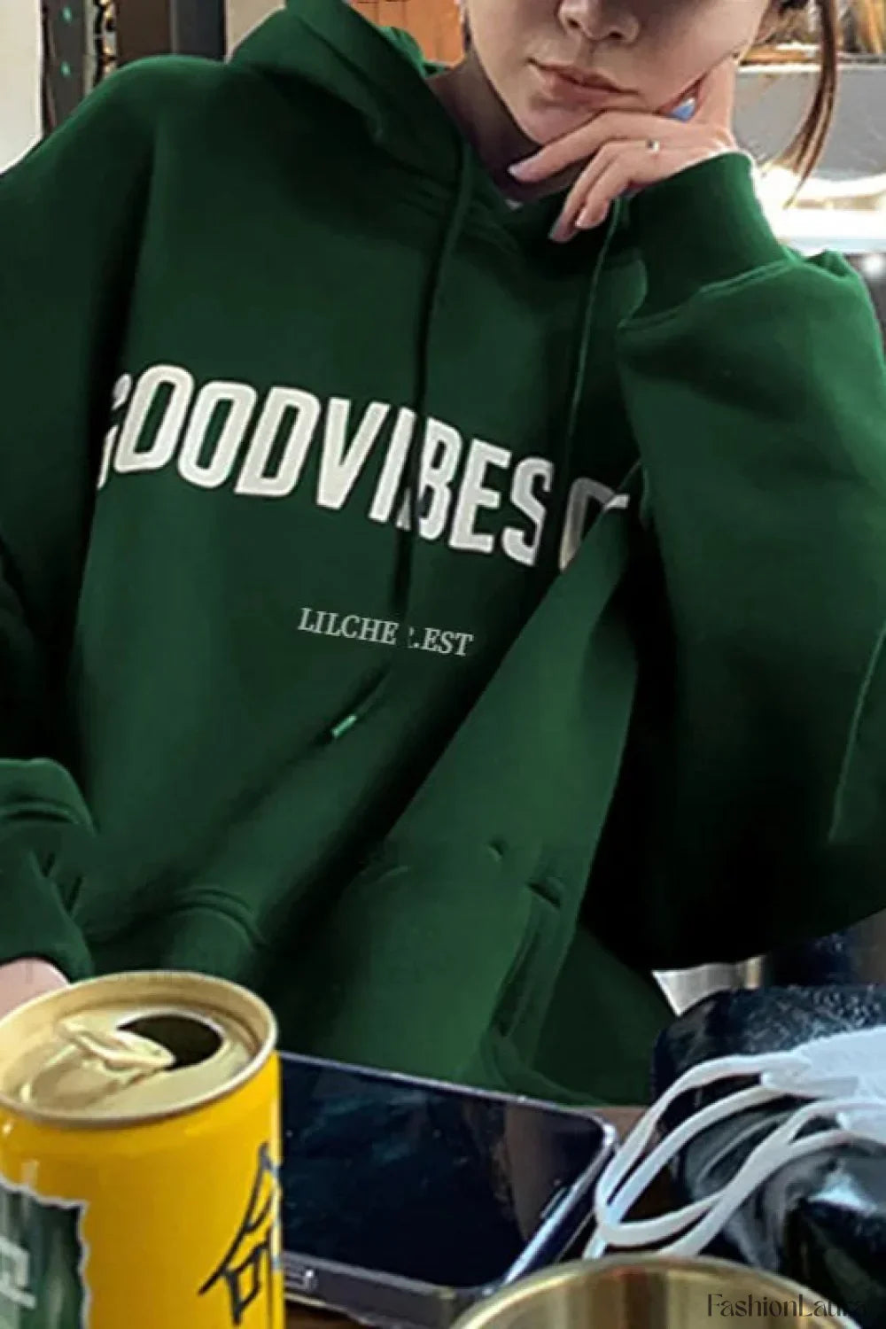 Solid Color Letter Hooded Hoodie Green / M