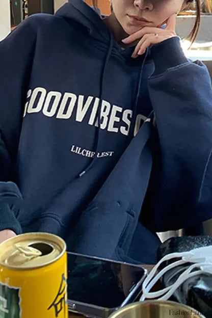 Solid Color Letter Hooded Hoodie Navy blue / M