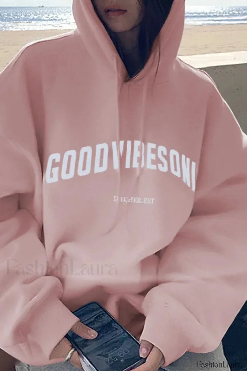 Solid Color Letter Hooded Hoodie Pink / M