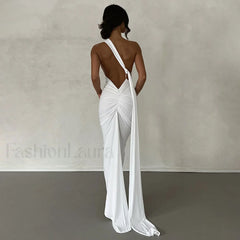 Solid Color One Shoulder Ruched Evening Maxi Dress Black L / Black Party Dresses L