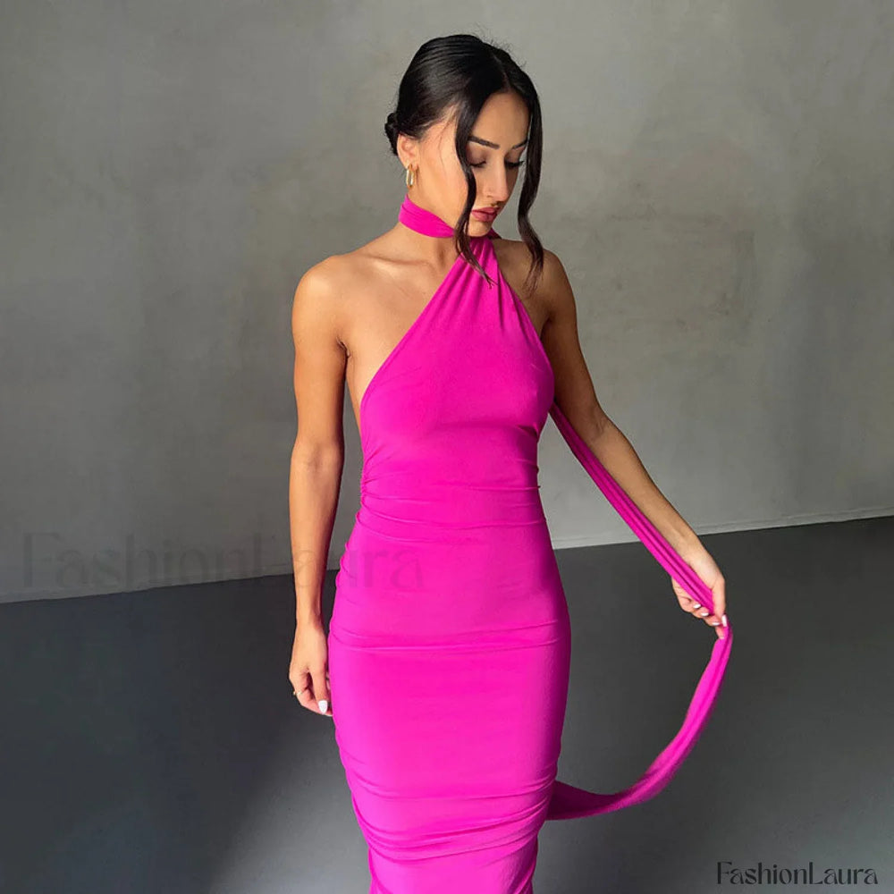 Solid Color One Shoulder Ruched Evening Maxi Dress Hot Pink M / Hot Pink Party Dresses L