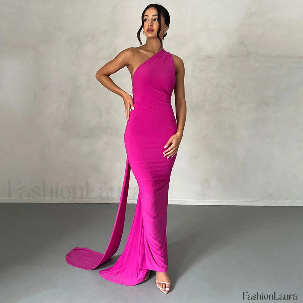 Solid Color One Shoulder Ruched Evening Maxi Dress Hot Pink S / Hot Pink Party Dresses L