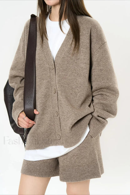 Solid Color V neck Long Sleeve Cardigan