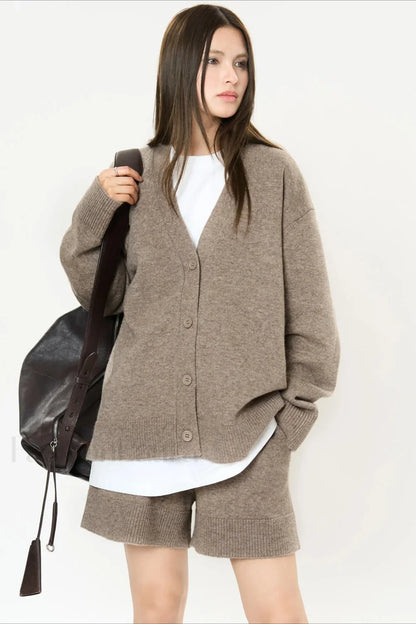 Solid Color V neck Long Sleeve Cardigan Khaki / S