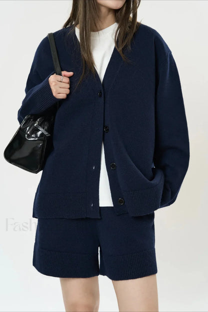 Solid Color V neck Long Sleeve Cardigan Navy blue / S