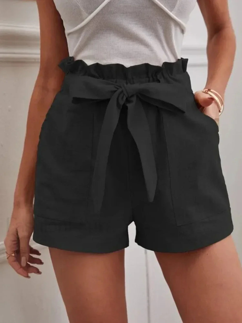 Solid Color White Pocket Drawstring Short Black / S