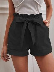 Solid Color White Pocket Drawstring Short Black / S