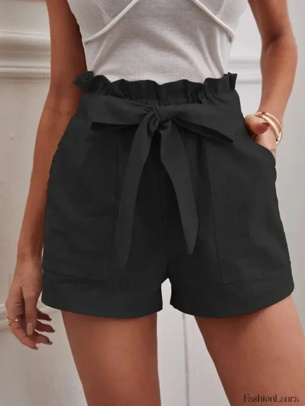 Solid Color White Pocket Drawstring Short Black / S