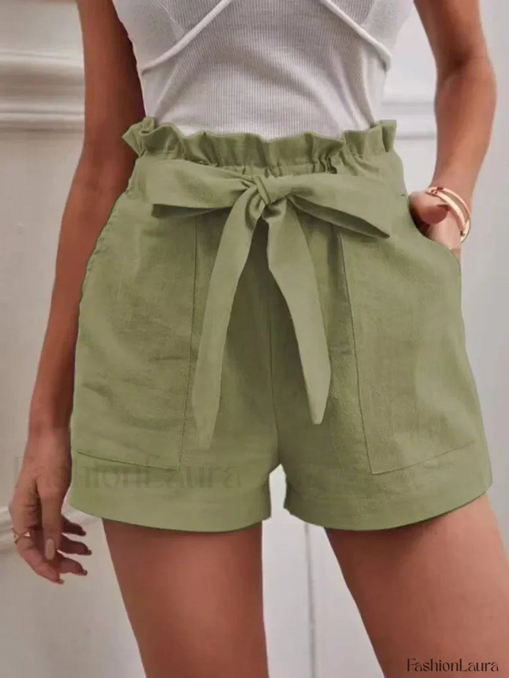 Solid Color White Pocket Drawstring Short Green / S