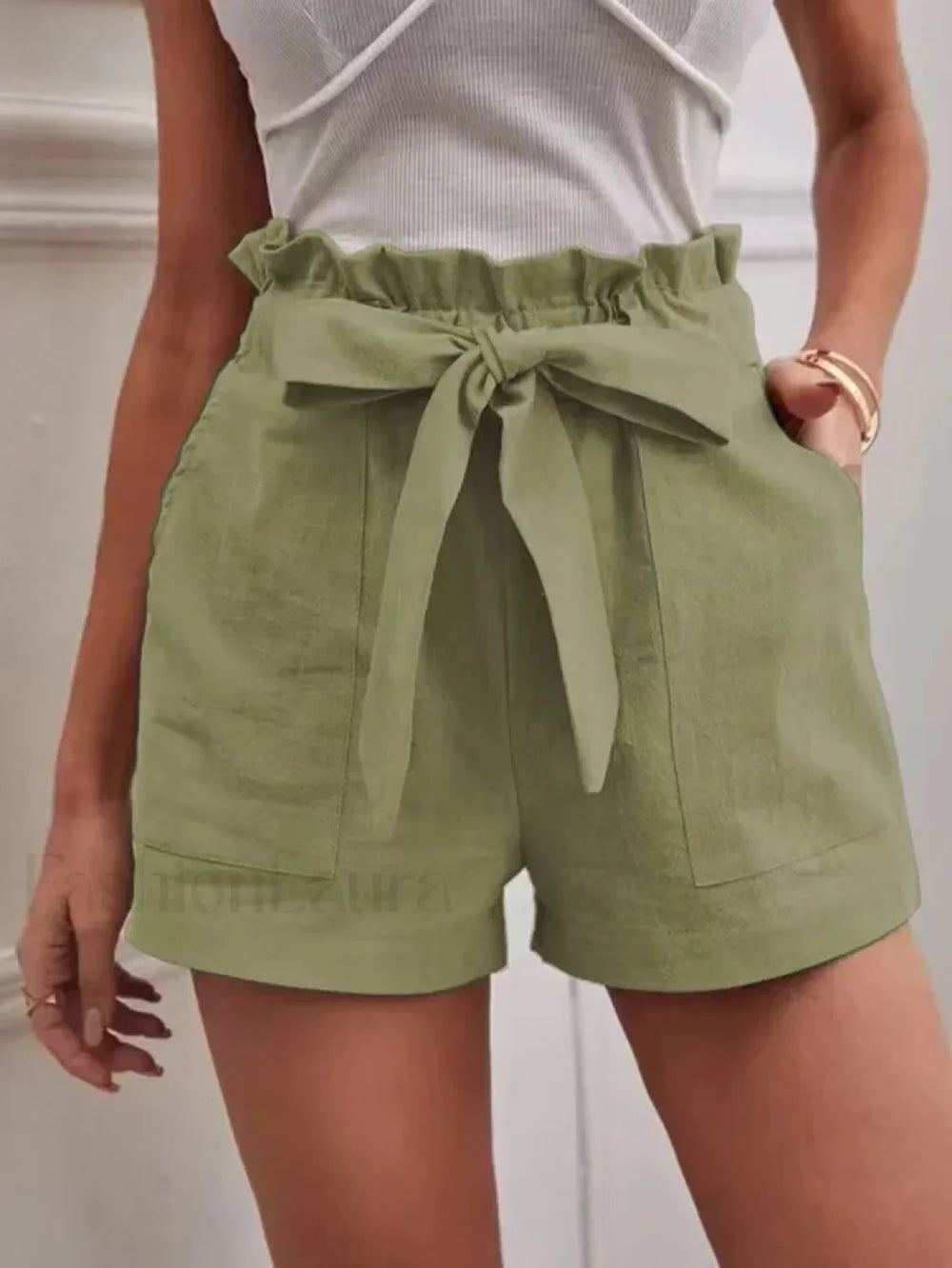 Solid Color White Pocket Drawstring Short Green / S