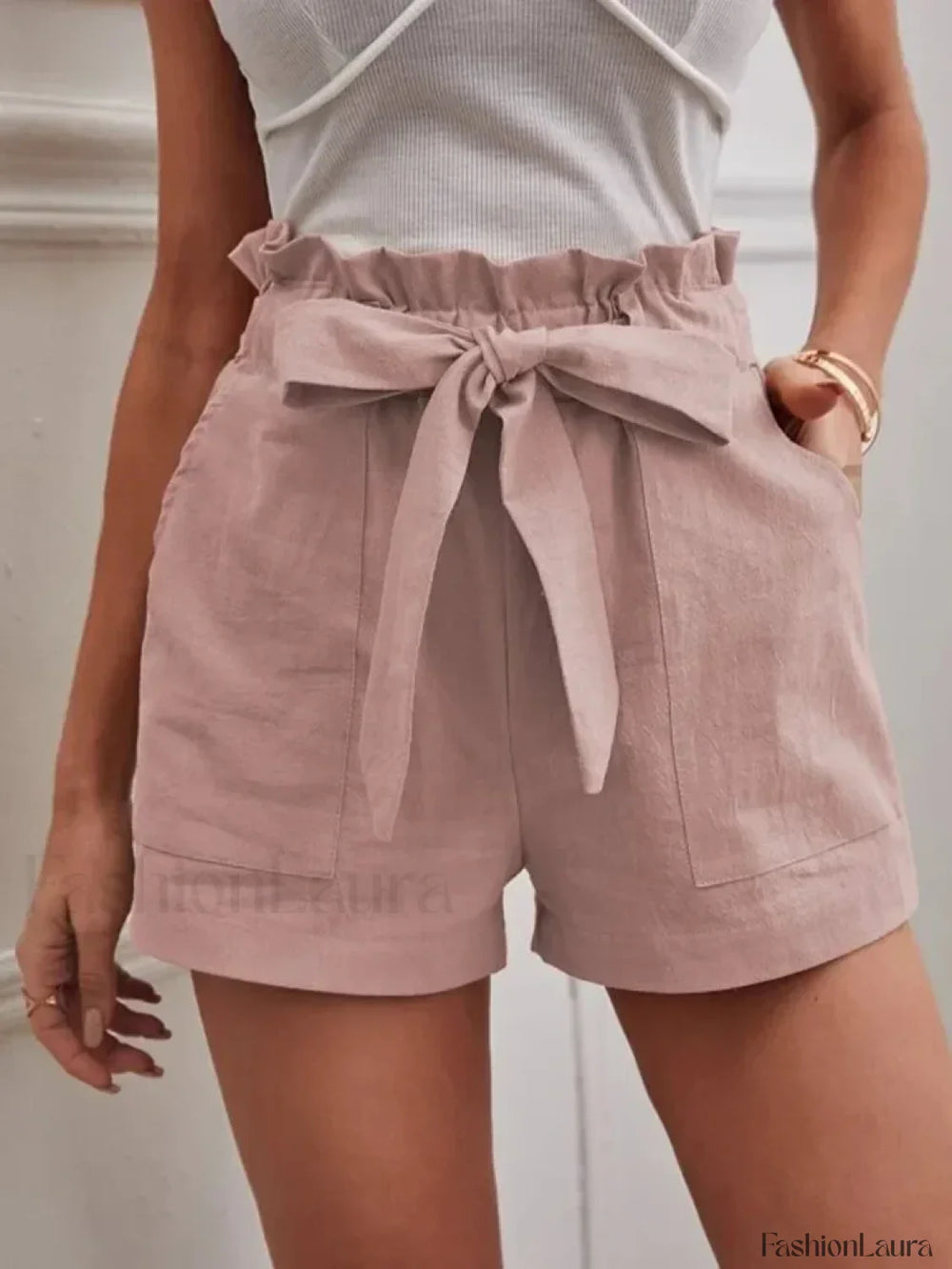 Solid Color White Pocket Drawstring Short Pink / S