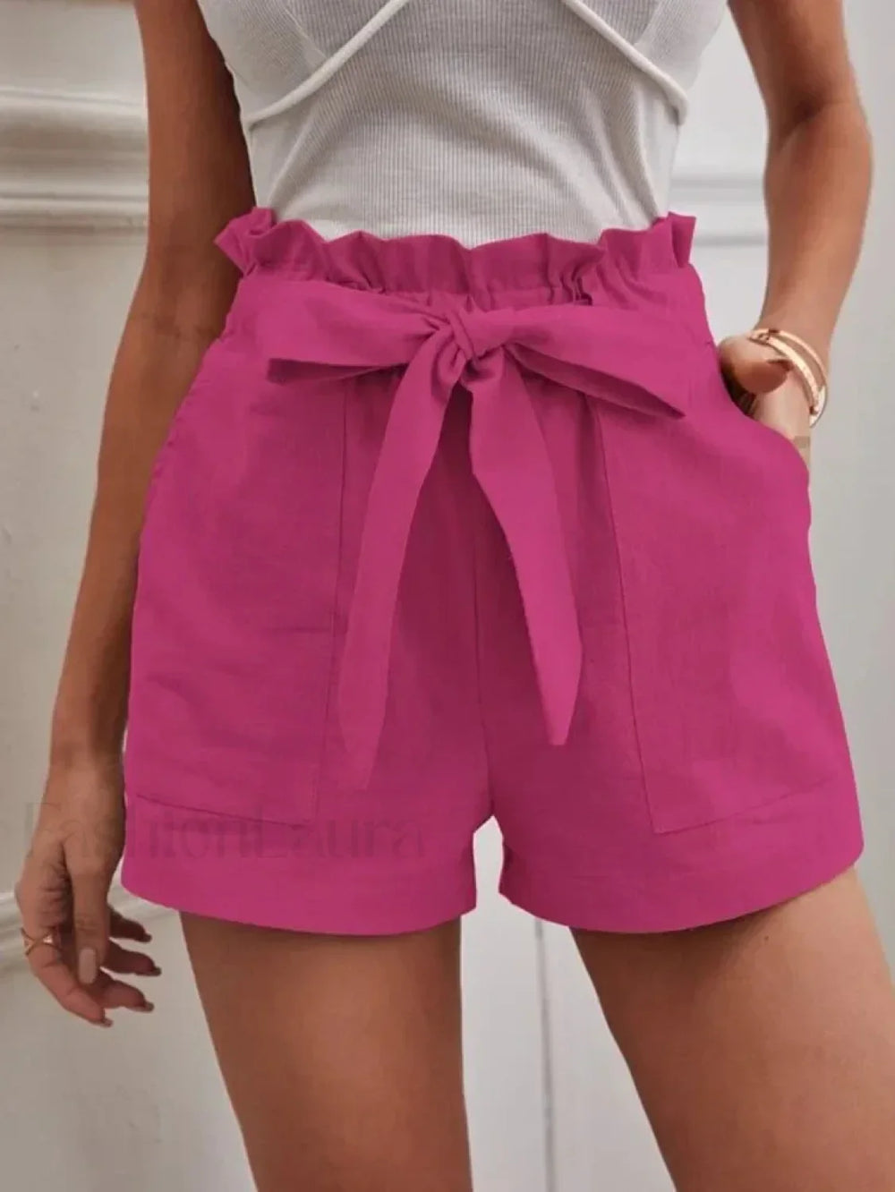 Solid Color White Pocket Drawstring Short rose / S