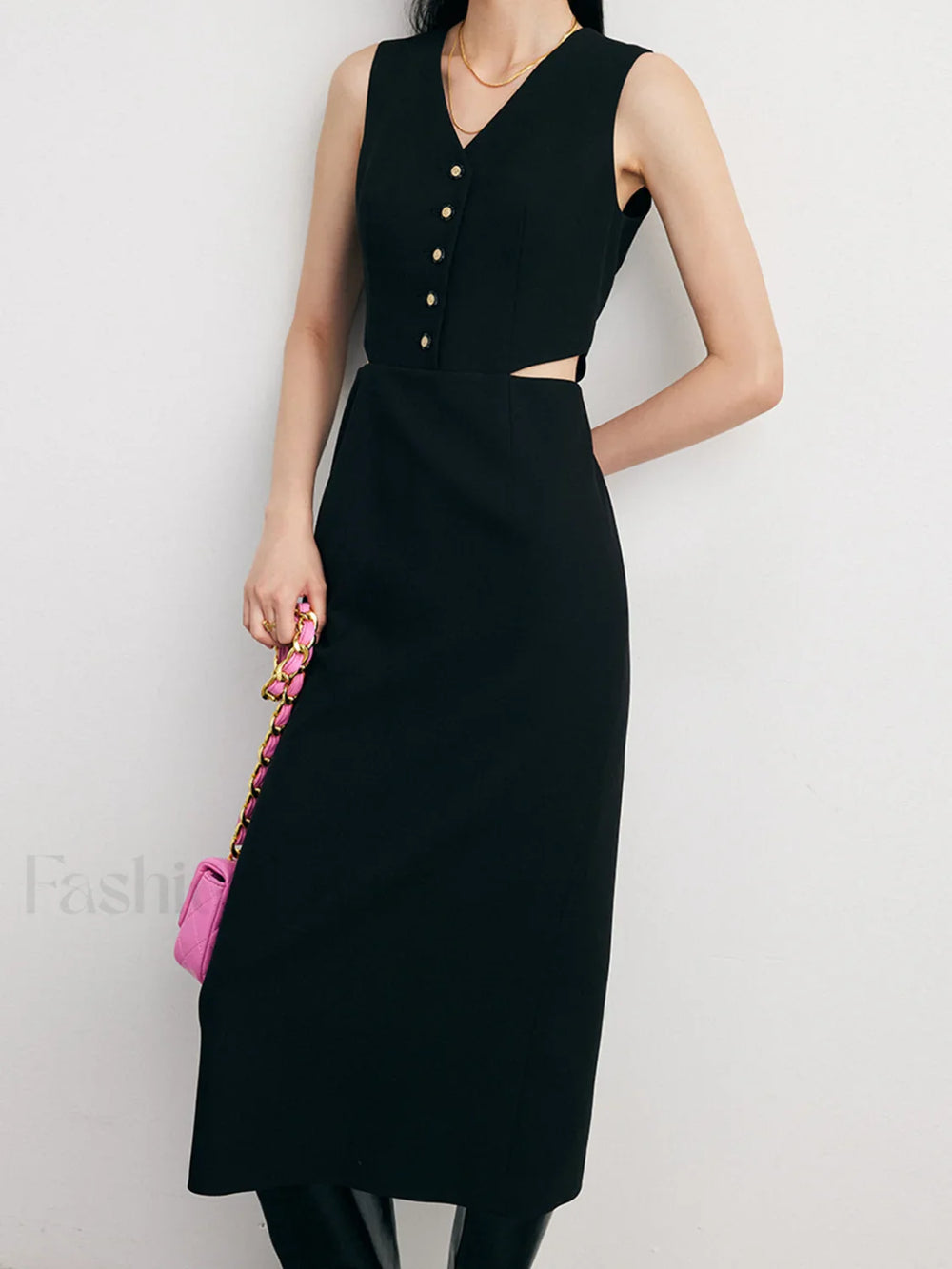 Solid Cut Out Trendy Buttoned Midi Vest Dress Dresses