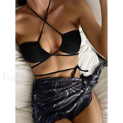 Solid Drawstring Halter Three Piece Set Black / S