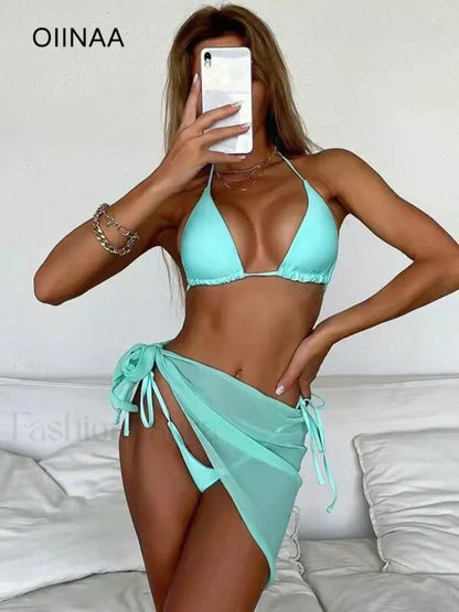 Solid Halter Lace Three Piece Set Light Green / S