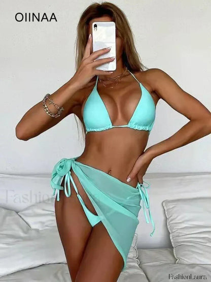Solid Halter Lace Three Piece Set Light Green / S