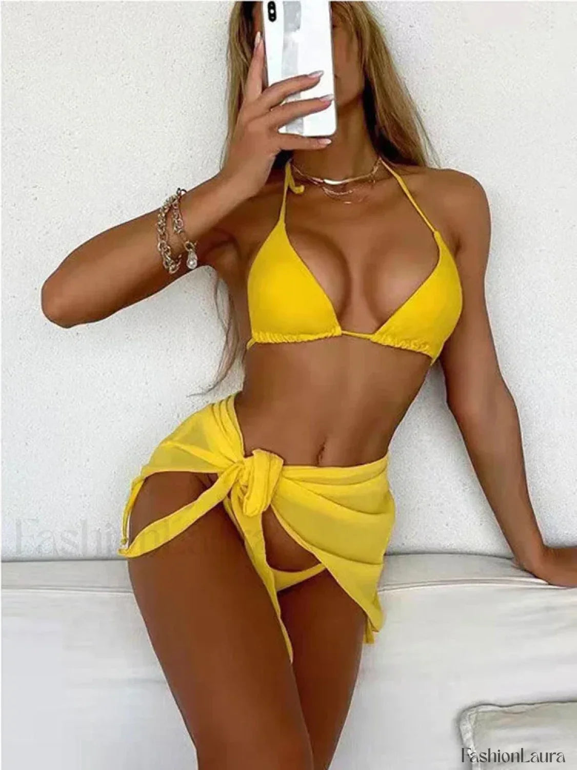 Solid Halter Lace Three Piece Set Yellow / S