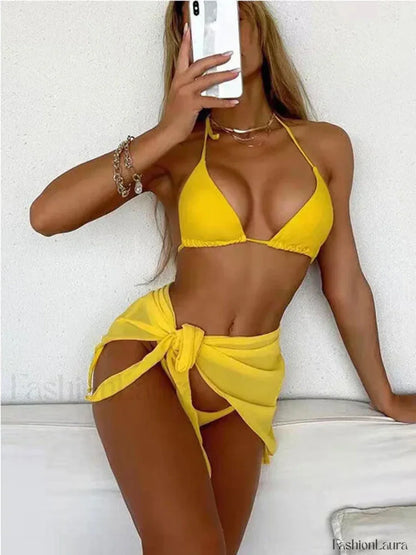 Solid Halter Lace Three Piece Set Yellow / S