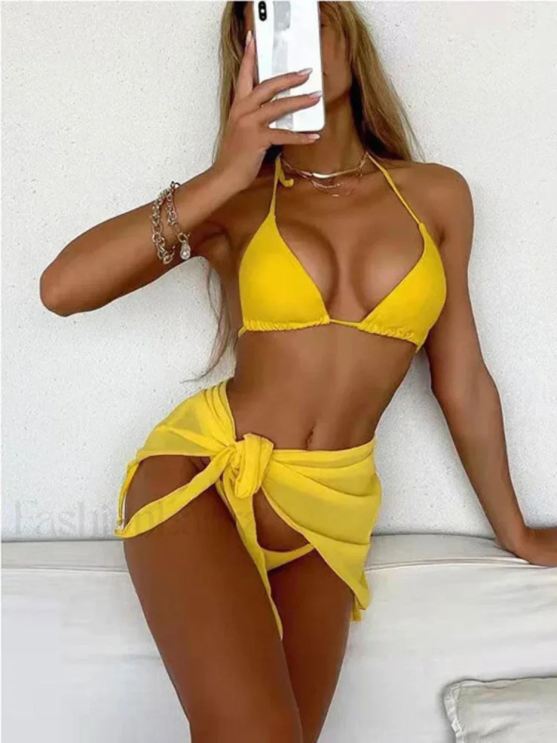 Solid Halter Lace Three Piece Set Yellow / S