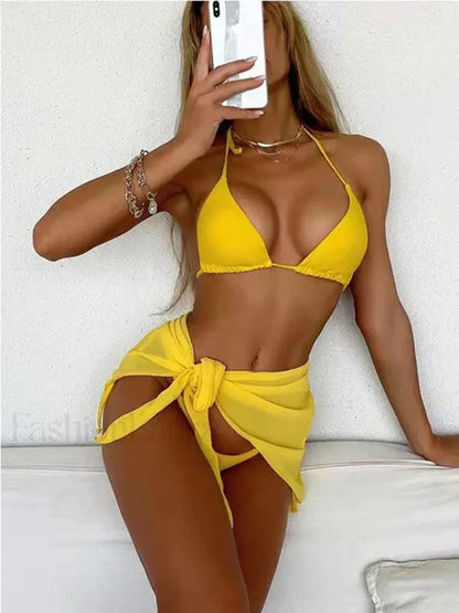 Solid Halter Lace Three Piece Set Yellow / S
