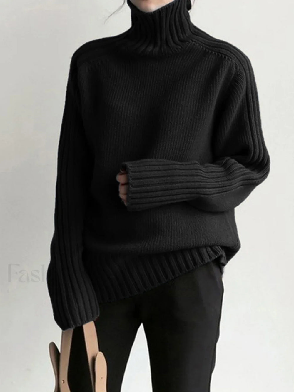 Solid High Neck Knit Sweater Black / XS Sweaters