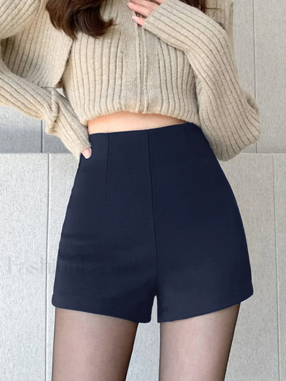 Solid High Waist Zip Shorts Navy / XS Shorts