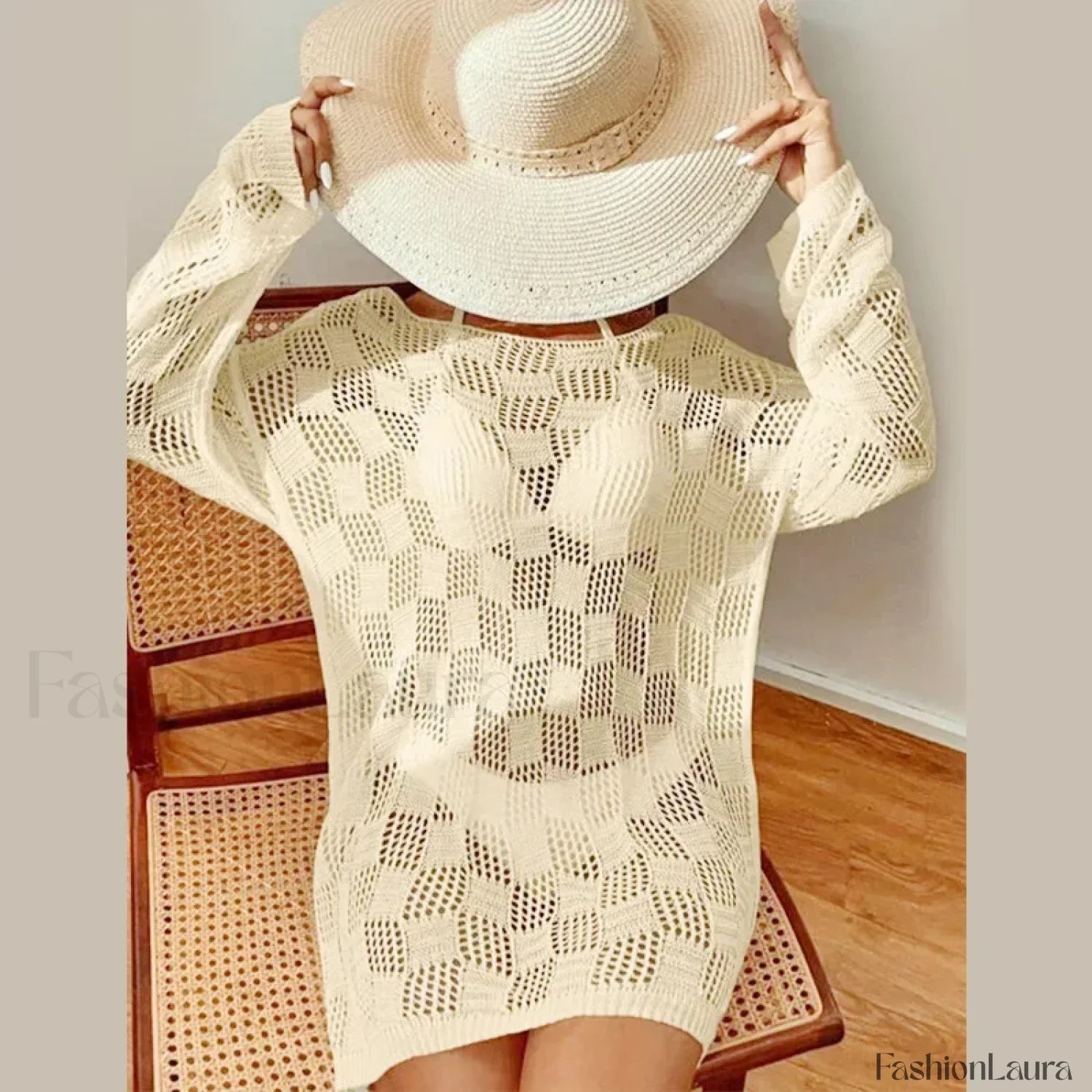 Solid Hollow Long Sleeve Cover Up APRICOT / One Size