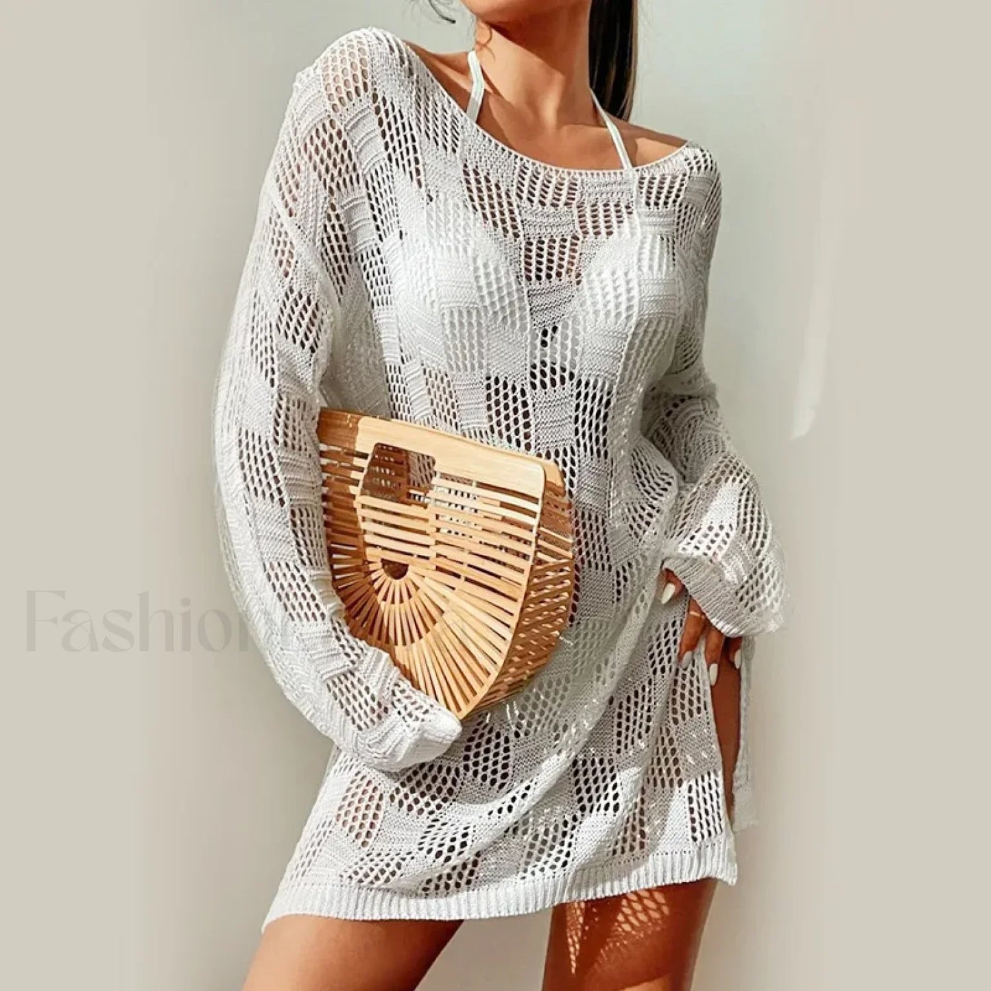 Solid Hollow Long Sleeve Cover Up WHITE / One Size