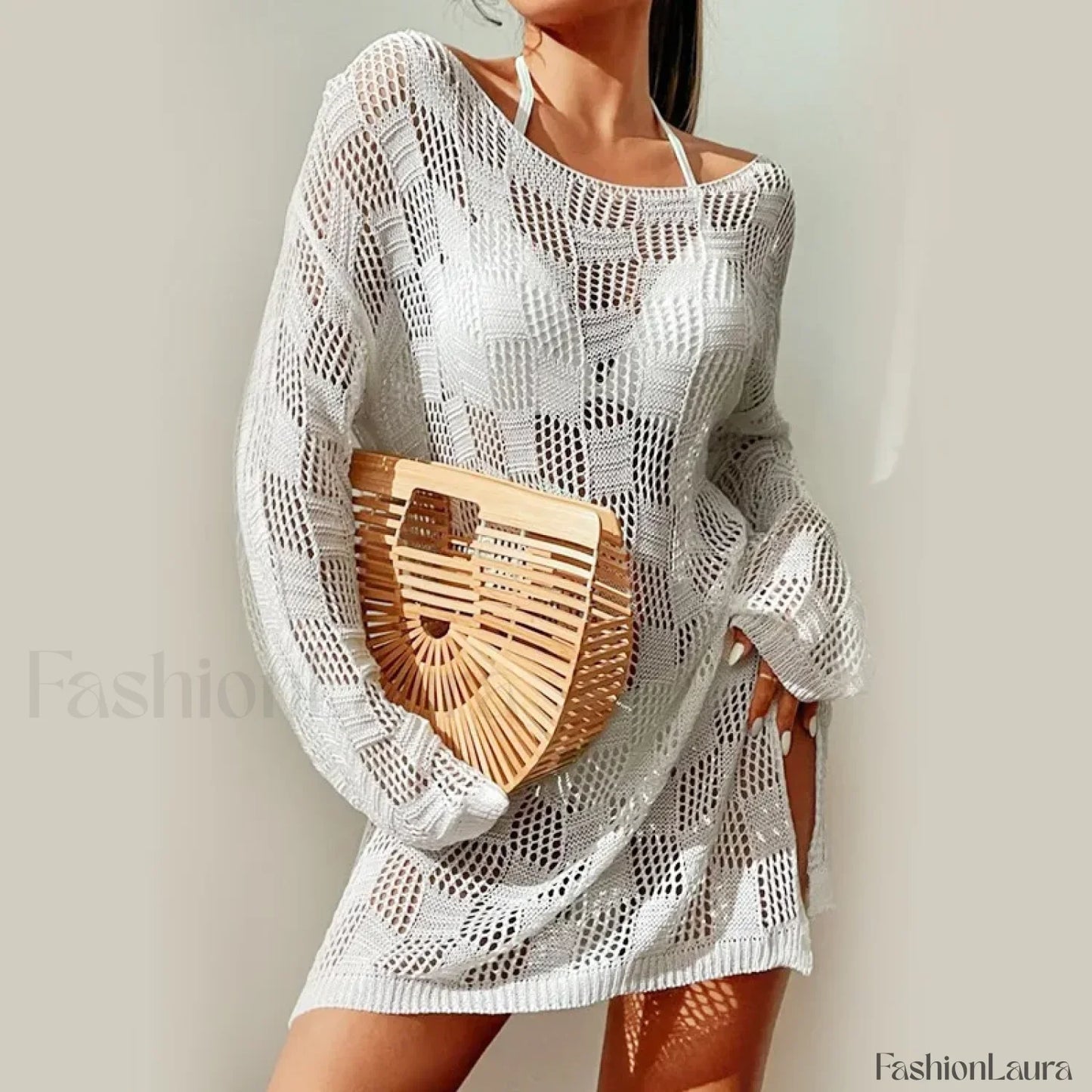 Solid Hollow Long Sleeve Cover Up WHITE / One Size