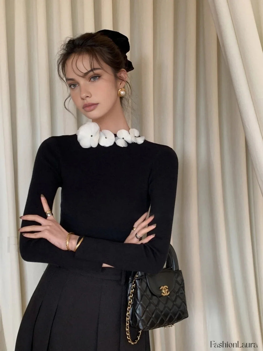 Solid Long Sleeve Floral Knit Top Knit Tops