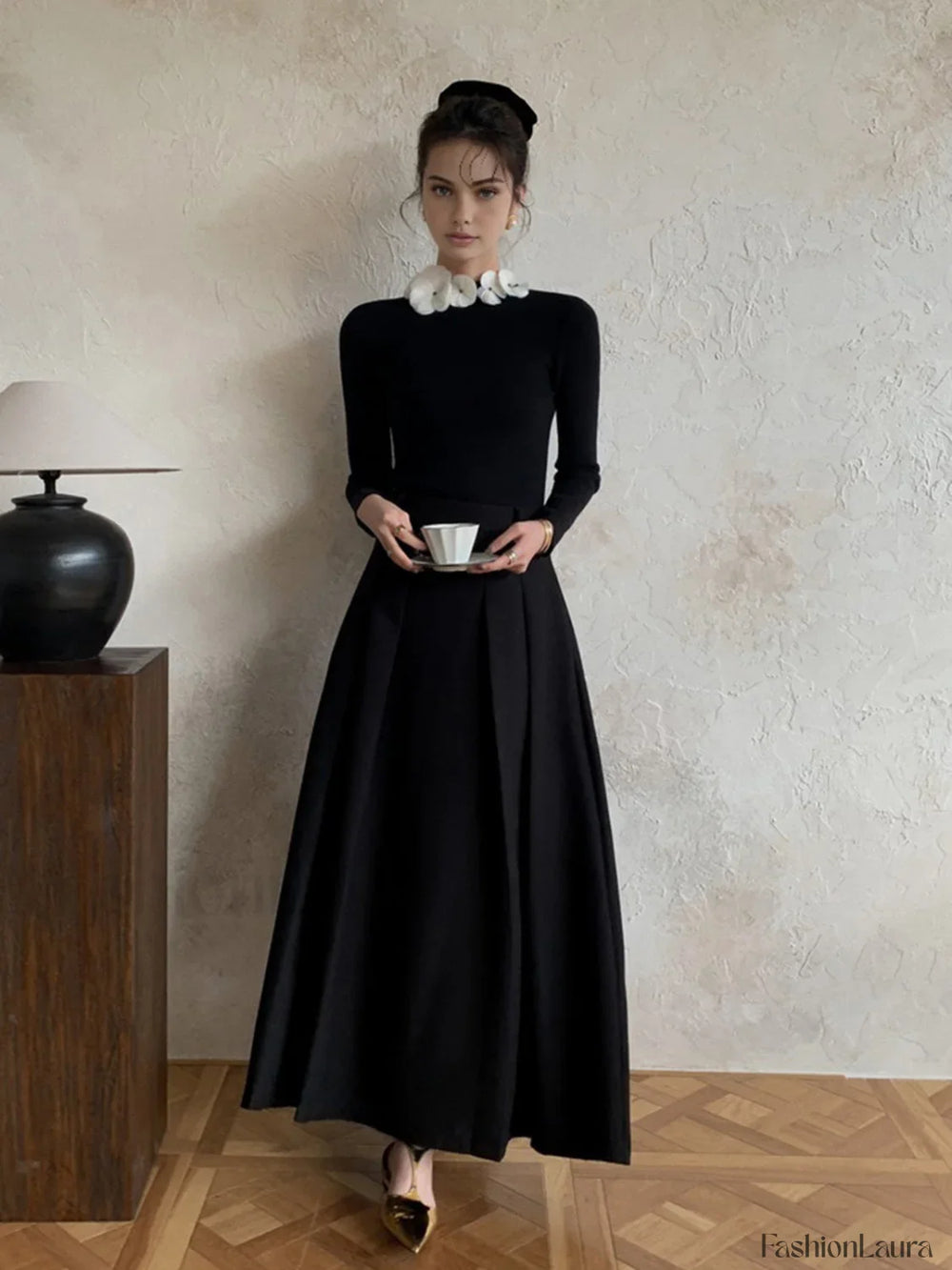 Solid Long Sleeve Floral Knit Top Knit Tops